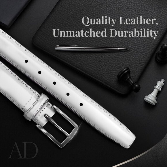 Genuine White Leather Dress Belt for Men Tan Mens Belt for Suits Jeans Uniform - Picture 2 of 7